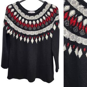 Allison Daley Fair Isle Sweater Womens Large Black Red Gray Nordic Cottagecore